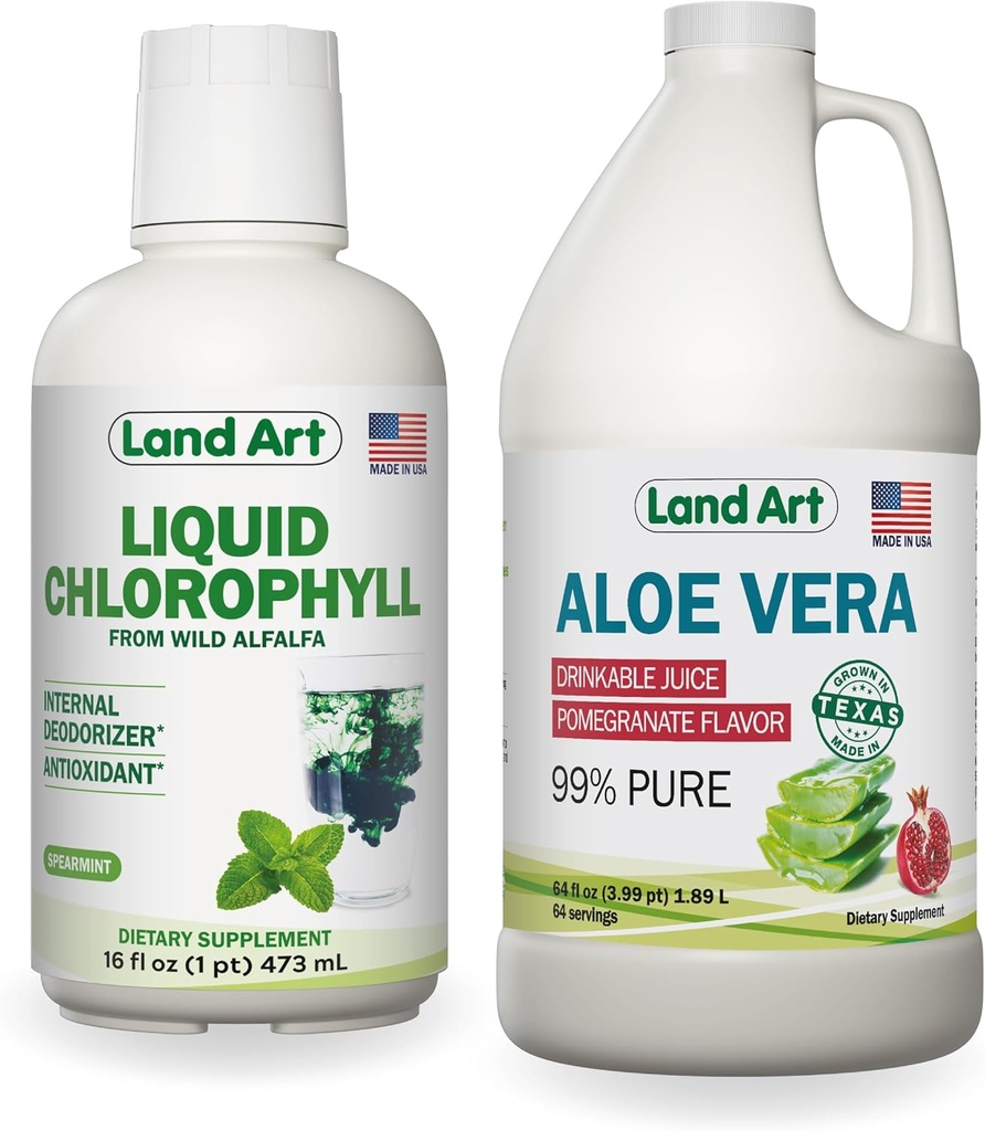 Land Art Aloe Vera Juice - Pomegranate Flavored - Cold Processed - Organik Fresh Leaves - 64floz + Sıvı Klorophyll Mint Flavored - Cold Non-GMO Alfalfa - 16floz