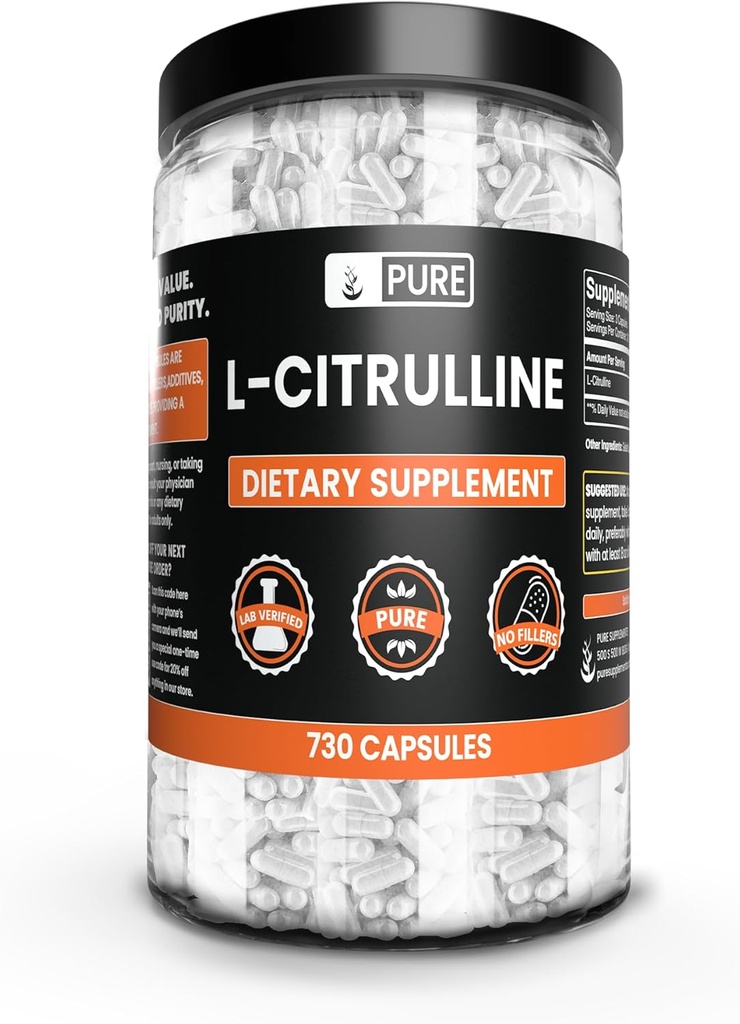 Pure Original Materialss L-Citrulline No Magnezyum Or Rice Fillers, Always Pure, Lab TY (730 Capsule)