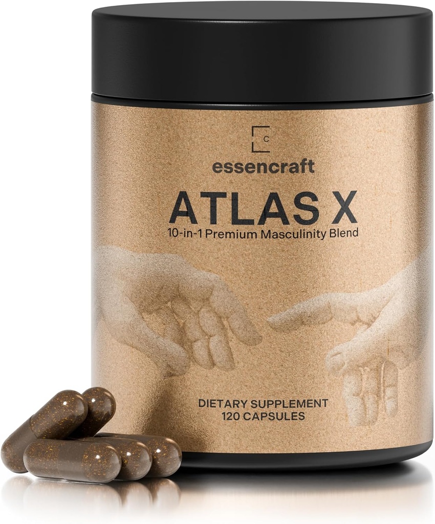ATLAS X 10in-1 Masculinity Maximiser Supplement for Men - Energy, Strength & Vitality Capsules with Shilajit, Ashwagandha, çinko, Safed Musli, Tongkat Ali, Black Maca, Fadogia Agrestis, 2 Ay Supply