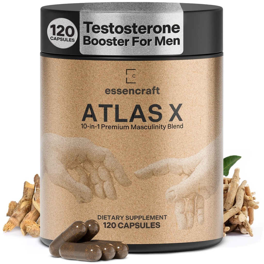 ATLAS X 10in-1 Masculinity Maximiser Supplement for Men - Energy, Strength & Vitality Capsules with Shilajit, Ashwagandha, çinko, Safed Musli, Tongkat Ali, Black Maca, Fadogia Agrestis, 2 Ay Supply