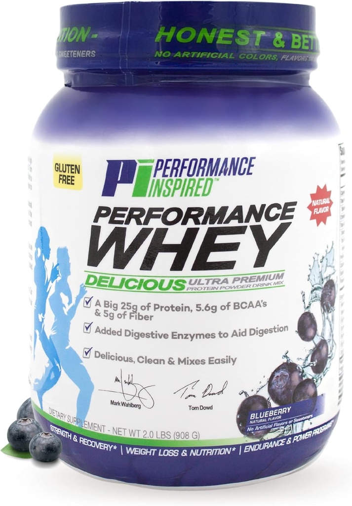 PERFORMANCE INSPIRED Beslenme WHEY protein Tozu - Tüm Doğal - 25G proteini - BCAAs – Digestive Enzymes – Fiber Packed – Blueberry – 2lb