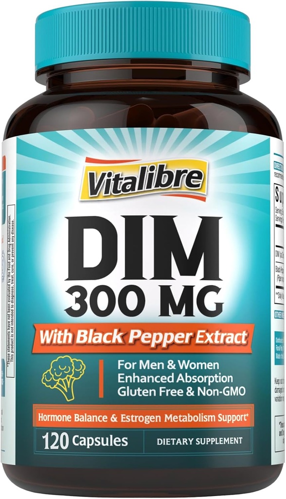 DIM Supplement for Women & Men, Estrogen Metabolism, Hormon Denge & Menopause Support, DIM 300 mg with Black Pepper Extract, High Abxia, 120 Capsulesm