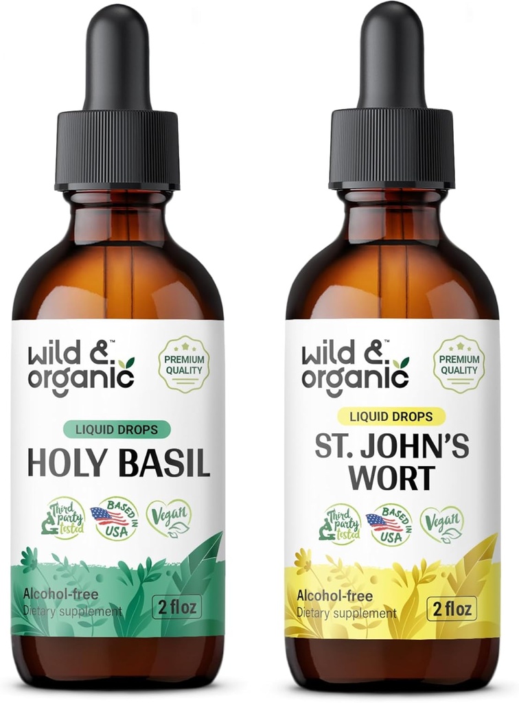Wild & Organic Holy Basil Tincture 2 fl oz & St Johns Wort Tincture 2 fl oz