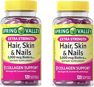 Anexa Spring Valley Extra Strength Biotin Hair, Skin & Nails Dietary Supplement, 5.000 mcg, 120 Count (Pack of 2), 240 Count (Pack of 1)