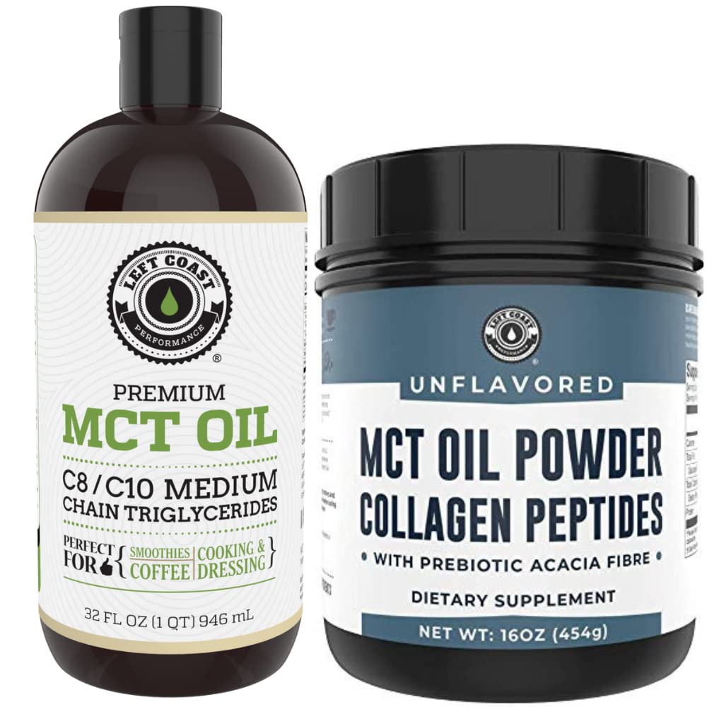 Left Coast Performance 32oz Premium MCT Oil ve 16oz Unflavored MCT + Collagen Toz