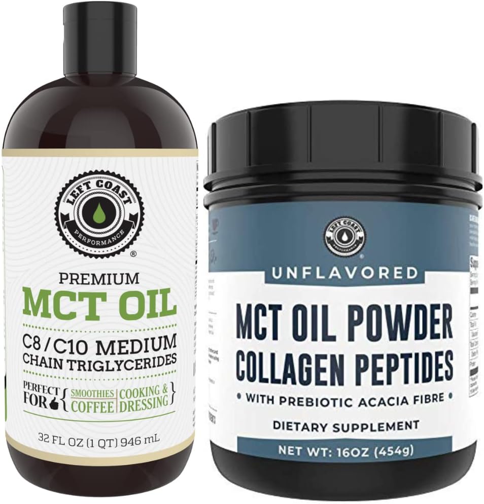Left Coast Performance 32oz Premium MCT Oil ve 16oz Unflavored MCT + Collagen Toz