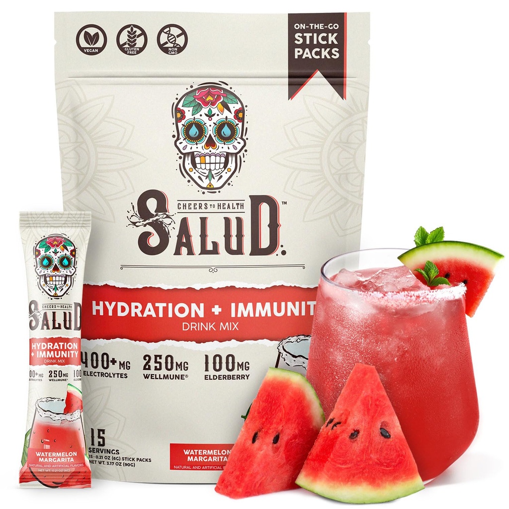 Salud 2in-1 Hydration ve Immunity Electrolytes Toz, Watermelon Margarita - 15 Hizmet, Agua Fresca Drink Mix, Elderberry, Dairy & Soy Free, Non-GMO, Gluten Free, Vegan, Low Calorie, 1G Sugar