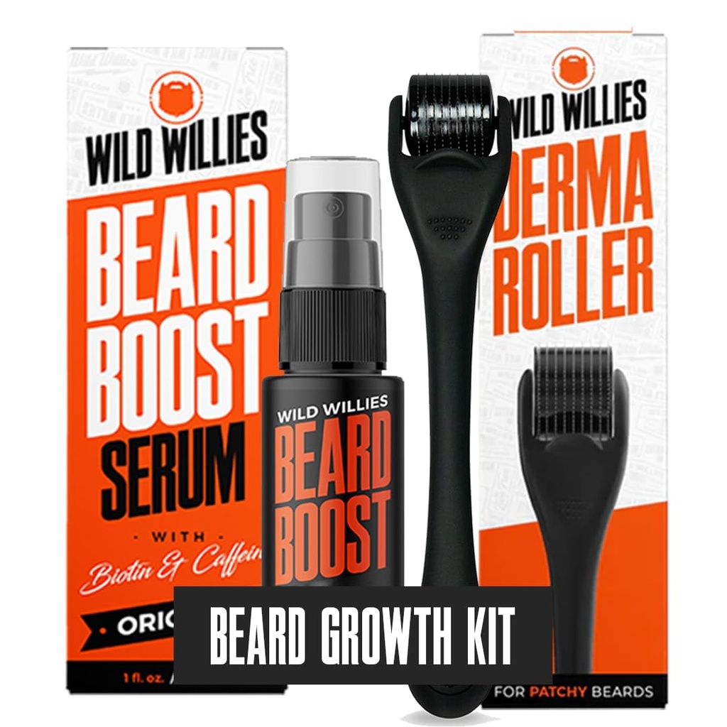 Vahşi Willies Beard growth Kit - Premium Derma Roller & Beard Boost Serum - Microneedle Roller & Beard Hair growth Serum with Biotin & Caffeine for Fuller Beard, Scalp Care - Easy to Kit with Case with Case