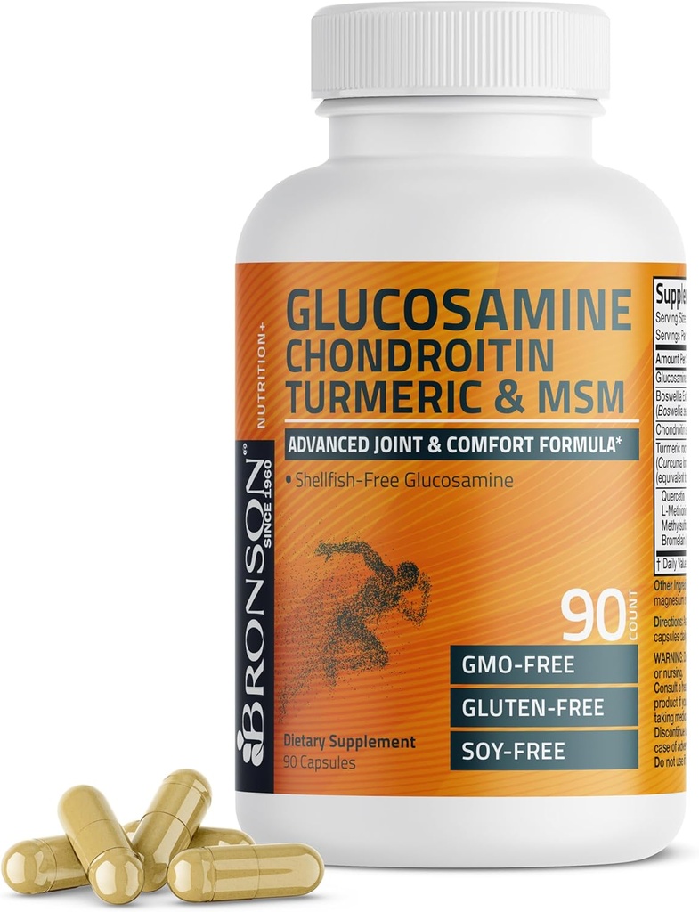 Bronson Glucosamine Chondroitin Turmeric & MSM Advanced Joint & Cartilage Formula, Υποστηρίζει υγιείς αρθρώσεις, Κινητικότητα & Cartilage - Μη ΓΤΟ, 90 κάψουλες