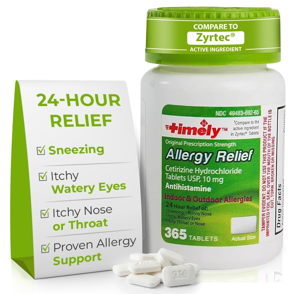 Εργαστήρια Time-Cap, INC. Timely Cetirizine HCl 10 Mg 365 Δισκία - Αλλεργία 24 ωρών Ανακούφιση από το φτάρνισμα, τη μύτη Runny, τα μάτια Ichy Watery, το λαρύγγι Ichy ή τη μύτη