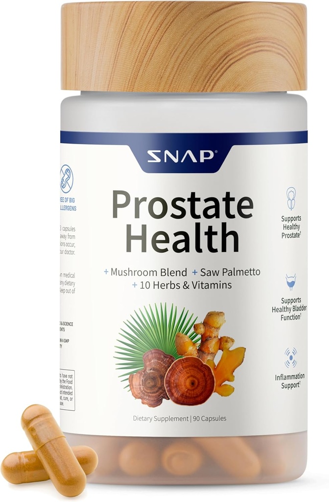 Snap Συμπληρώματα Υγείας Prostate - Υποστηρίζει την υγεία των αρσενικών ουροφόρων οδών, 90 κάψουλες χορτοφάγων (30 υπηρεσίες, 1 μήνας προμήθεια)
