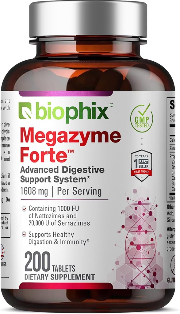 Biyophix Megazyme 200 Tablet - Doğal Bitki Proteolytic Enzymes Nattozimes Serrazimes Supports Digestive System Immune Health