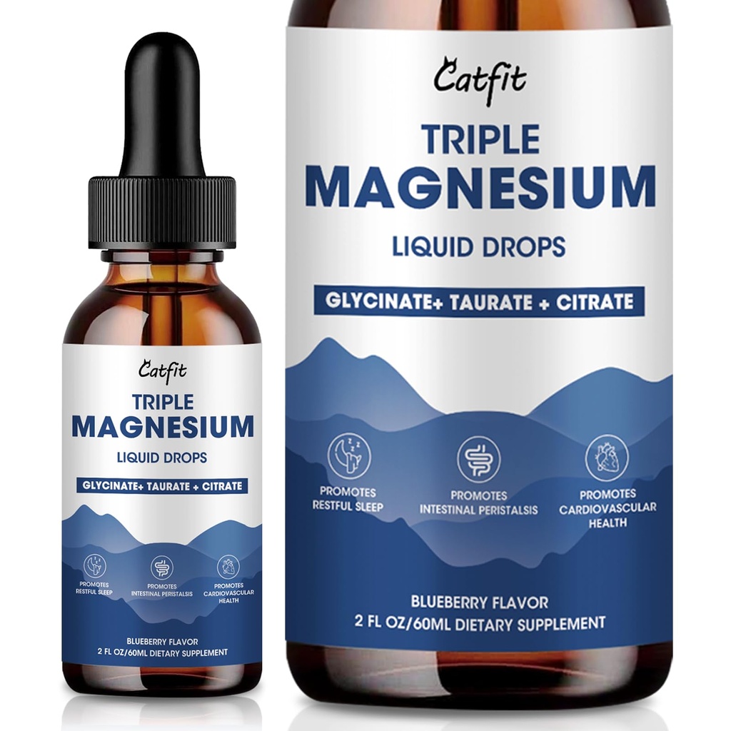 Magnezyum Glycinate Liquid Drops with Taurate & Citrate, Supplement for Sleep, Calm & Relaxation, P properties & Omega-3, High Abxia Formula, Blueberry Flavor, 2 Fl Oz Oz