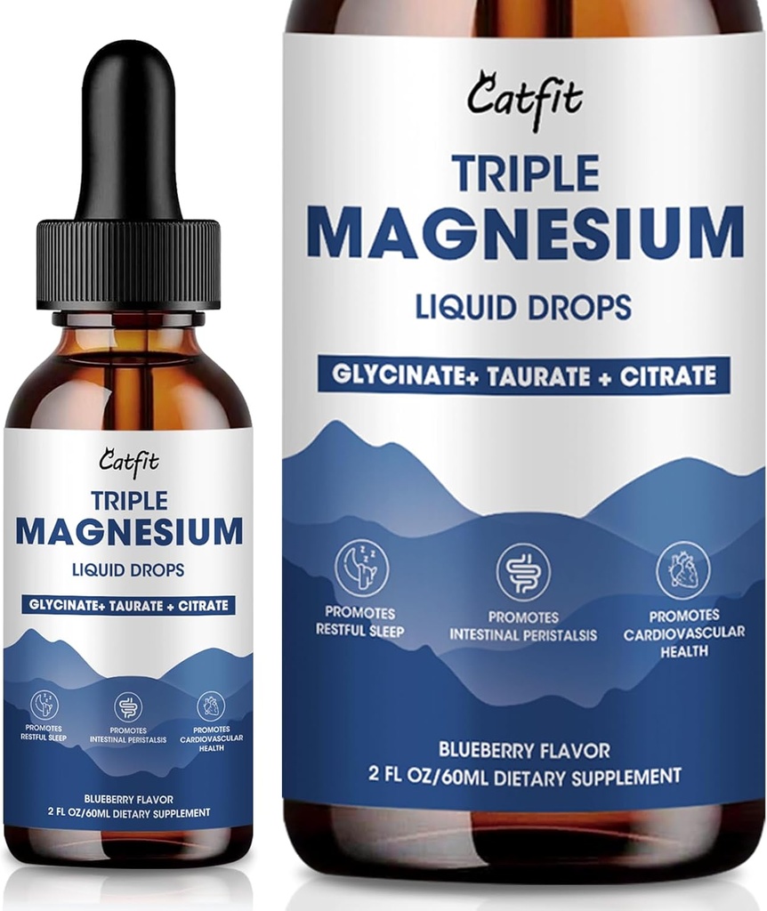 Magnezyum Glycinate Liquid Drops with Taurate & Citrate, Supplement for Sleep, Calm & Relaxation, P properties & Omega-3, High Abxia Formula, Blueberry Flavor, 2 Fl Oz Oz
