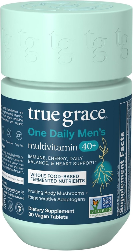 True Grace Men's 40+ Bir Günlük Multivitamin Fermented Minerals, Organik Adaptogens & Mushrooms Whole Body Balance Immune, Endurance, Bone & Heart Support Supplement - Non-GMO - 30 Vegan Tabletler