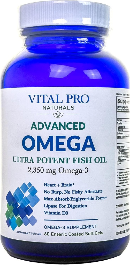 Vital Pro Naturals - Advanced Omega Wild Caught Norwegian Fish Oil with 2350mg of High Potency Omega 3 Fatty Acid Supplements EPA DHA and DPA for Brain and Heart 60 Softgels (Packaging May Vary)