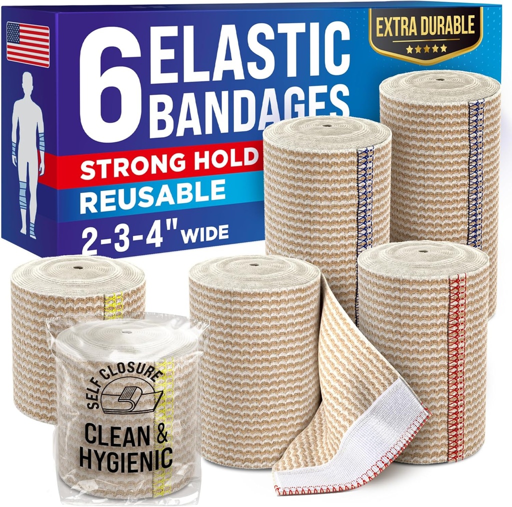 High-Performance Elastic Bandage - 6 Pack (2x2in, 2x3in, 2x4in) - Ayaklar için Self-Closing Güçlü Kompaj Bandage, Ankles, Biles ve Dizler