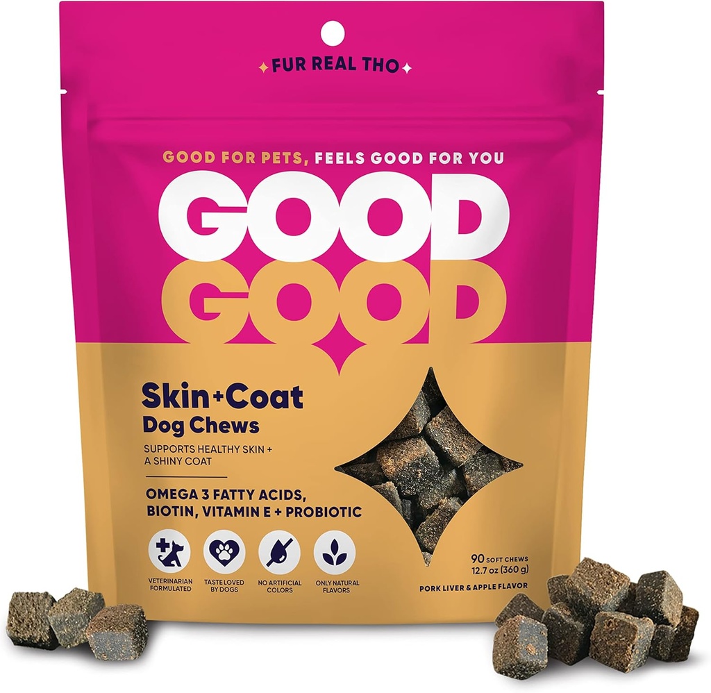 Good Skin + Coat Dog Supplements; Sağlıklı Skin ve Shiny Coat'ı destekler; Chewable Soft, Omega-3 Fatty Acids ve Vitamin E; Probiyotikler; 90 Doğal Flavor Chews