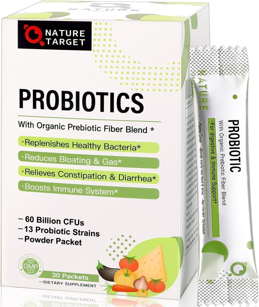 NATURE TARGET Probiotics for Women-Men-Kids Probiotic Powder 60 Billion CFUs 13 Strains - Prebiotics and Probiotics for Digestive Health, Shelf Stable, Non-GMO, Gluten Free 30 Packets