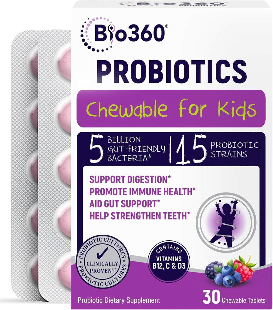 Bio360 Probiotics for Kids - 15 Strains & 5 Billion CFU Υποστηρίζει τον εγκέφαλο, το ανοσοποιητικό & Digestive Health - Παιδικά προβιοτικά Μασώμενα με οργανικά προβιοτικά για την ουρική αρθρίτιδα & δυσκοιλιότητα, μικτή γεύση μούρου, 30 Count