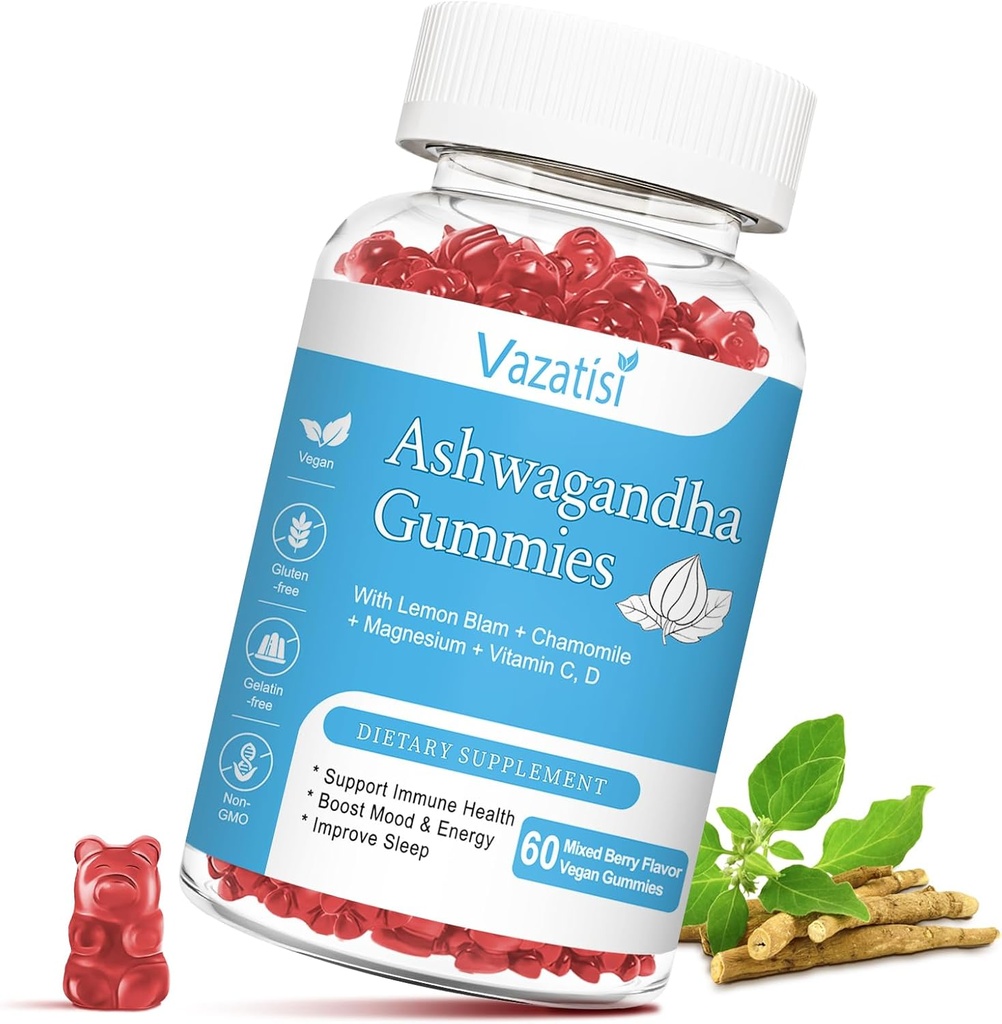 Χωρίς ζάχαρη Ashwagandha Gummies για γυναίκες άνδρες, Organic Ashwa Root Extract συμπλήρωμα για χαλάρωση επαναφορά ισορροπία, Vegan Gluten Free, 60 Count