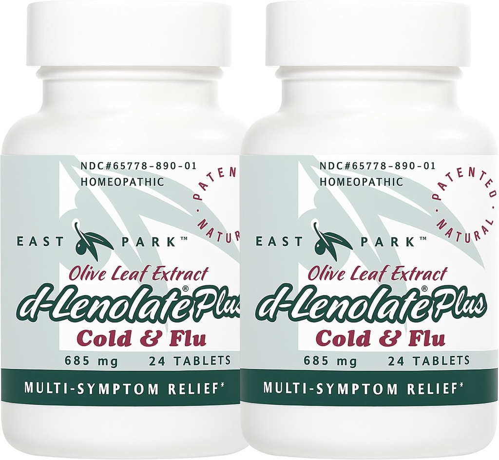 EAST PARK d-Lenolate Plus Cold & Flu Homeopathic Remedy for Yetişkinler & Çocuklar | Immune System Branson with Olive Leaf Extract, Neem Leaf Extract & Echinacea | 625 mg, 24 Tabletler | Non-GMO (Pack of 2)