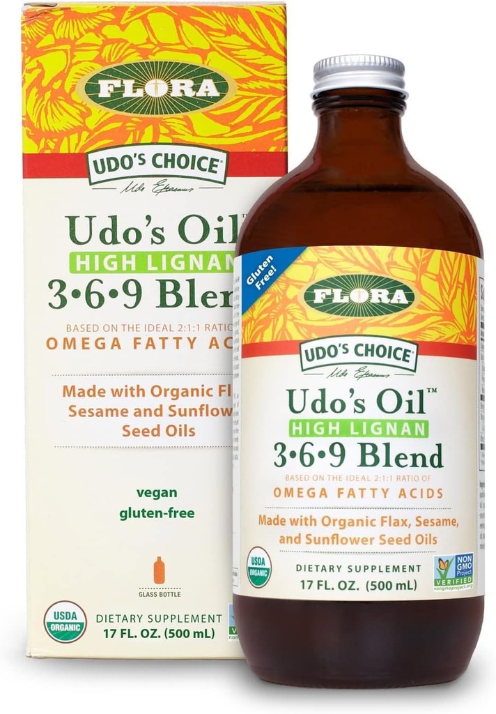 Flora - Udo'nun Seçimi Yüksek-Lignan 369 Omega Oil Mix, Udo'nun Petrol Dengeli 2:1 Omega Fatty Asits, Organik Flax, Sesame & Sunflower Tohum Yağları ile Yapıldı, 17-oz. Şişe cam şişe