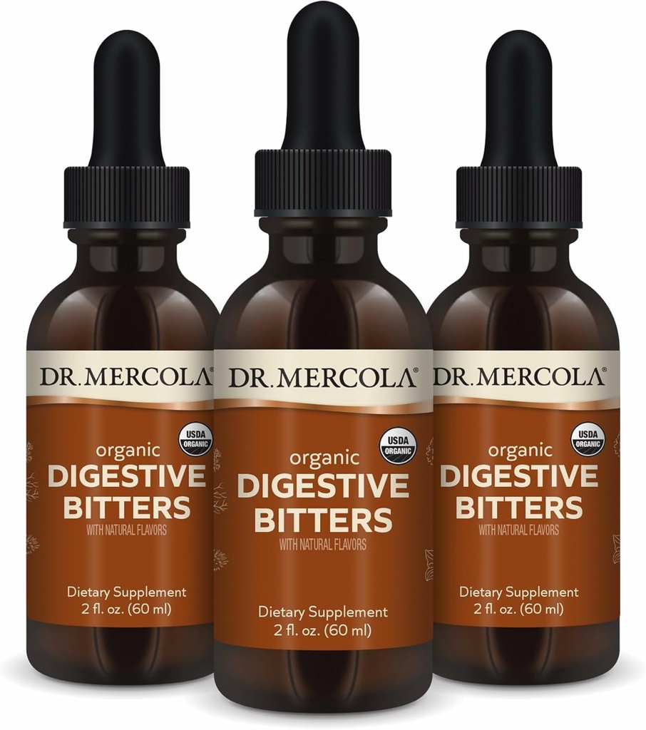 Dr. Mercola Organic Digestive Bitters Liquid Drops - Digestive Health Support - Χωρίς αλκοόλη Formula - Χαρακτηριστικά Burdock Root, Dandelion Leaf, Σπόροι μάραθου & Περισσότερα - 2 fl. oz. (30 Servings), 3 Pack