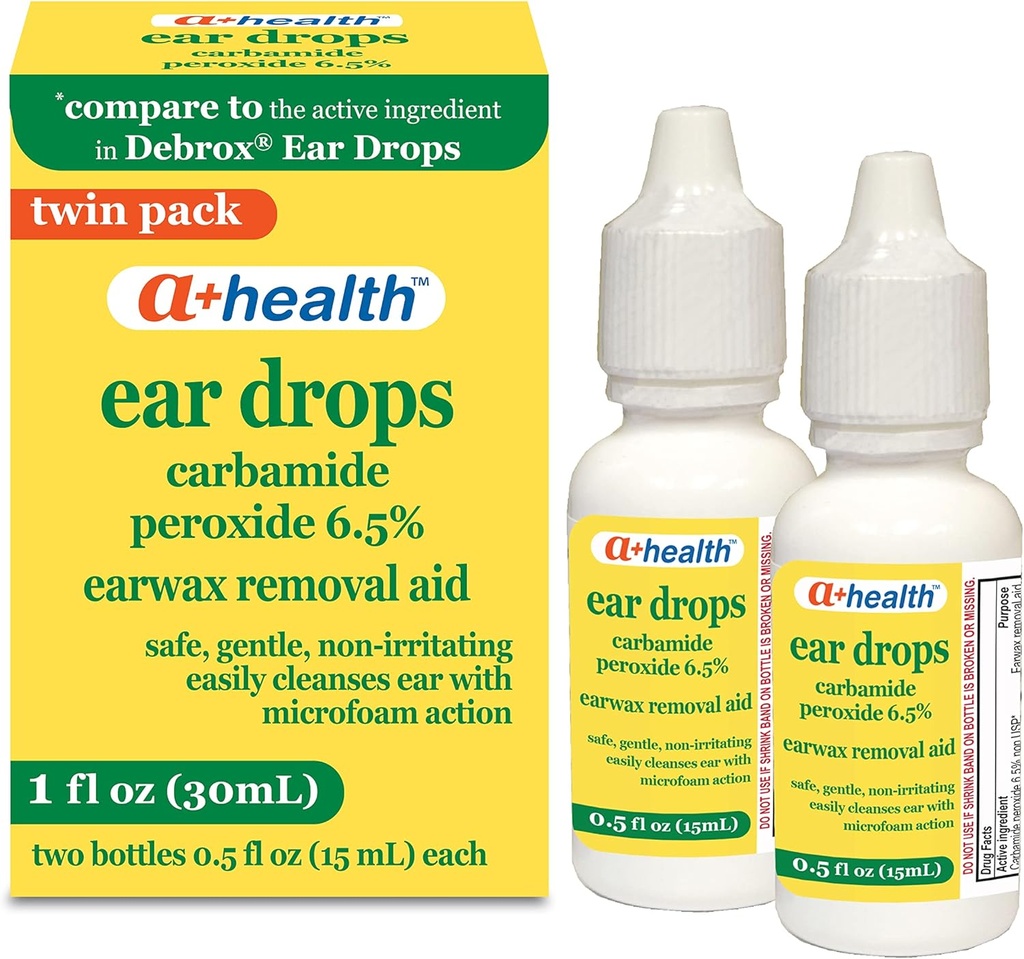 A+Health Earwax Removal Drops, Carbamid Peroksi 6.5%, ABD'de yapılan, Twin Pack, 1 fl Ounce (İki 0,5 fl oz şişe)