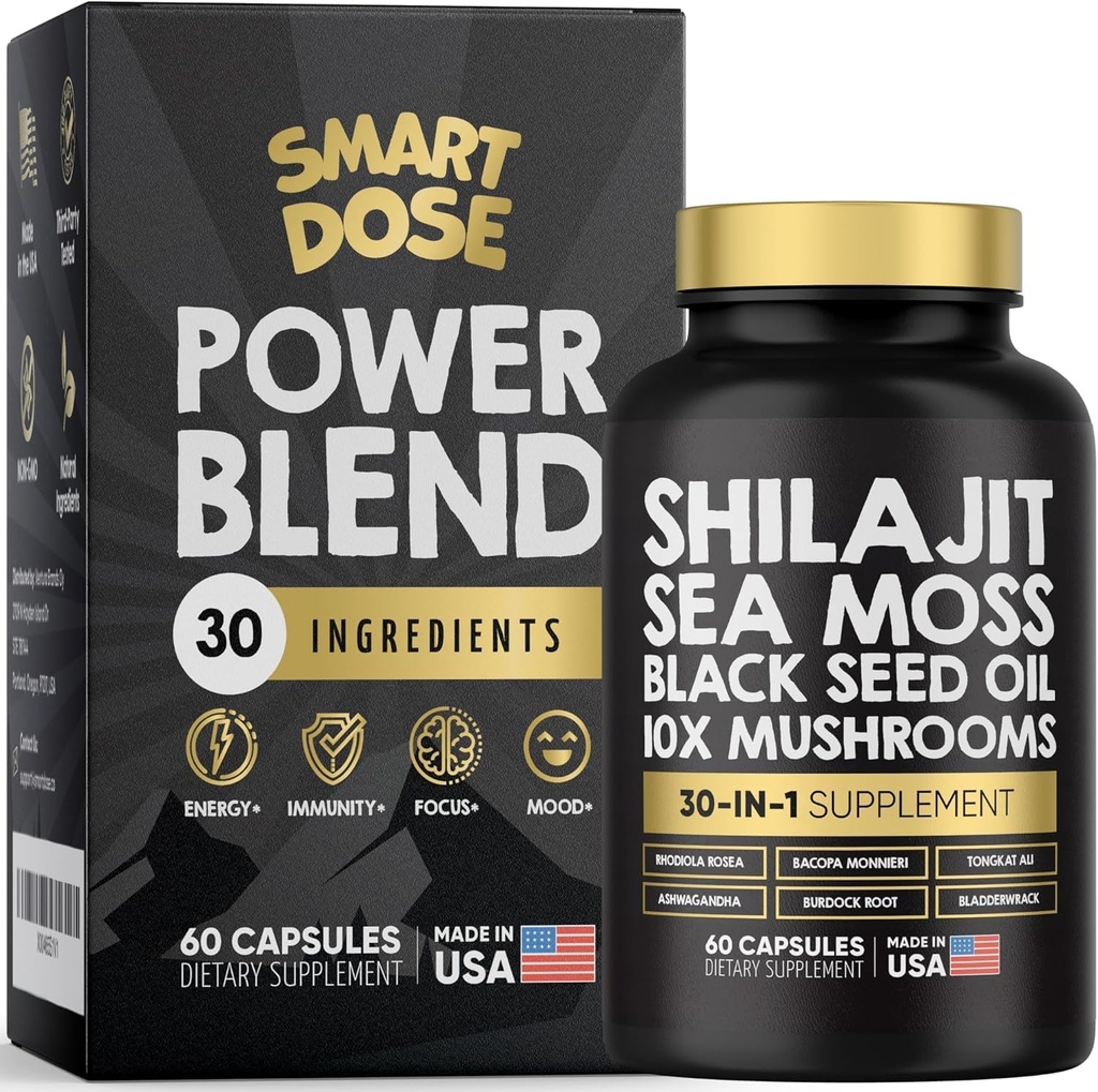 Power Blend Capsules - 30-in-1 Supplement Bundle with Shilajit 6000mg, Sea Moss 4000mg, Black Seed Oil 4000mg, Ashwagandha 2000mg, 10x Mushrooms, Tongkat Ali, Maca, Holistic Pills Combo