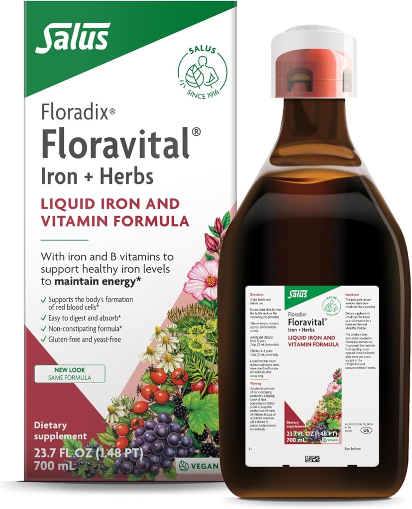 Floradix Floravital Liquid Iron & Vitamin Formula - Συμπλήρωμα υγρού σιδήρου με βιταμίνη C & Β & Β για την ενεργειακή υποστήριξη - Vegan, Gluten-free, Yeast-free & Non-GMO - 23.7 Fl Oz