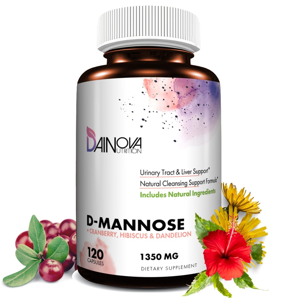Dainova D Mannose 1350 mg with Cranberry I D-Mannose Capsules for UTI Prevention, Urinary Tract Support, Urinary Tract Health for Women, & Cleanse. W/Hibiscus & Dandelion, 120 Veggie Capsules