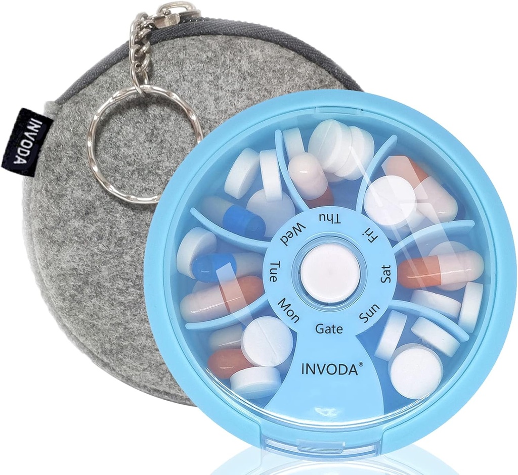 INVODA Weekly Pill Organizer 7 Karşılaştırmalı Günlük İlaçlar ve Vitaminler için Pill Box - Portatif Seyahat Pill Case Fish Oil Supplements Vitamins Organizer (Mavi+Bag)