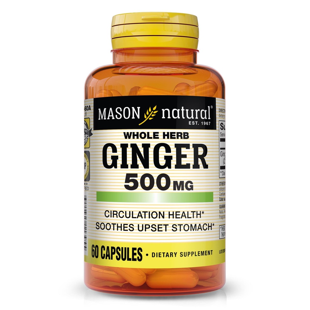 MASON NATURAL Whole Herb Ginger 500 mg, 2 Ay Supply, Natural Herbal Supplement, 60 Capsules
