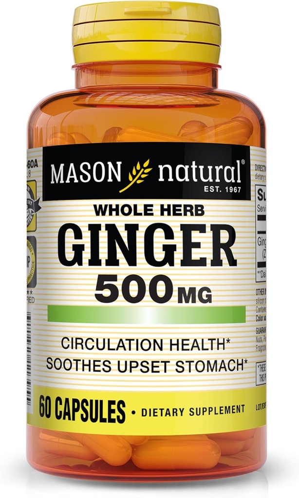 MASON NATURAL Whole Herb Ginger 500 mg, 2 Ay Supply, Natural Herbal Supplement, 60 Capsules
