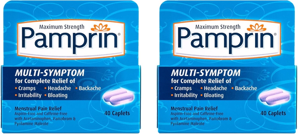 Pamprin Multi-Συμπτώματα Φόρμουλα, με Acetaminophen, Εμμηνορρυσιακή Περίοδος Συμπτώματα ανακούφιση συμπεριλαμβανομένων Cramps, Πόνος, ευερεθιστότητα και Bloating, 40 Caplets (Pack of 2)
