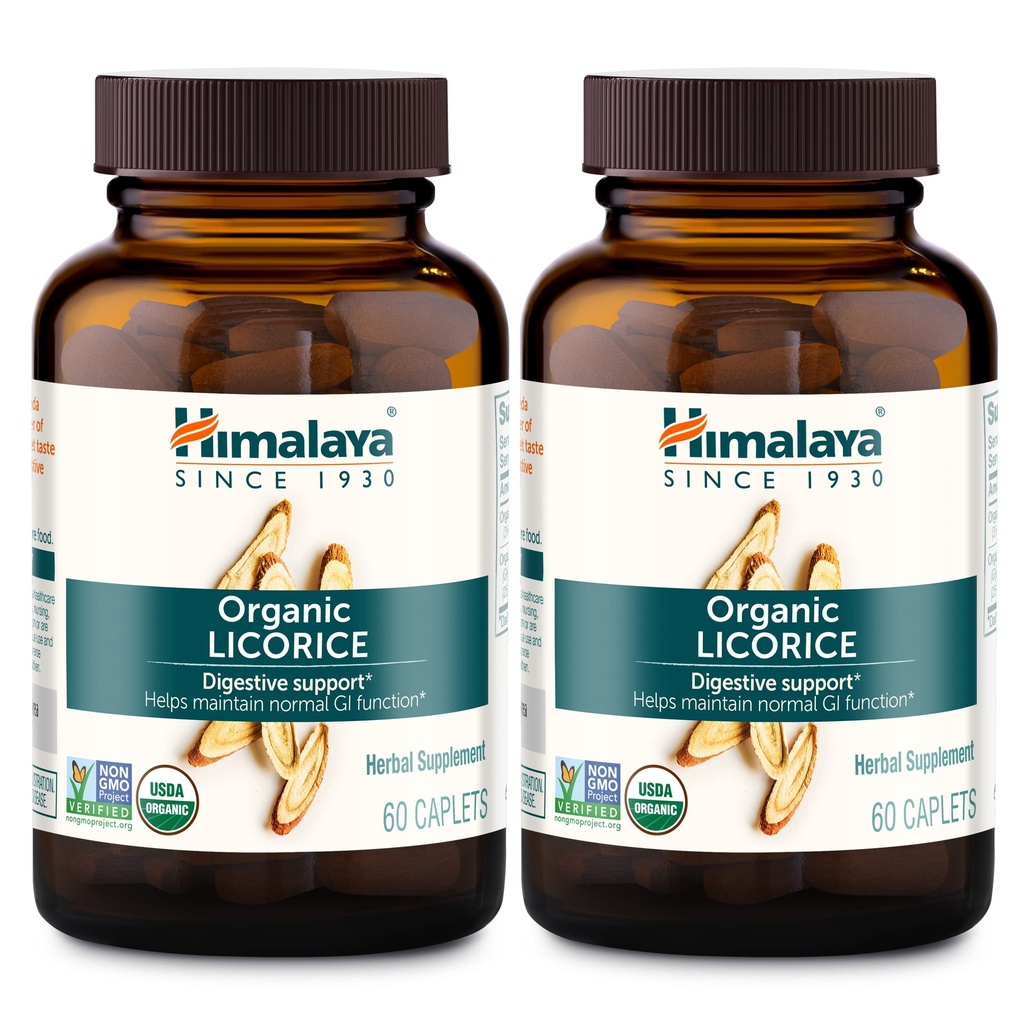 Himalaya Organik Licorice, 120 Gün Supply - Upset Stomach, Occasional Bloating and Heartburn - USDA Organic, Vegan, Non-GMO, Non-DGL, Gluten Free, 60 Caplets, 2 Pack