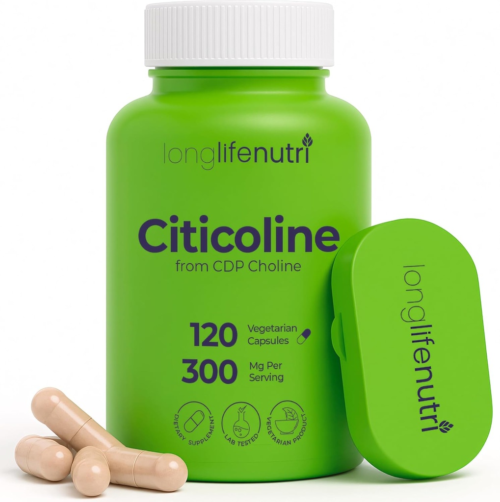 LongLifeNutri Citicoline (CDP-Choline) 300 mg, 120 Vegetarian Capsules, 4-Month Supply, GMP sertifikalı, ABD'de Made in USA