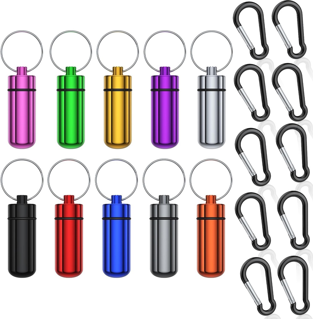 Küçük taşınabilir Pill Case with parameter, (10 Pack + 10 Carabiner Clips) Su ısıtıcısı Alüminyum Pill Organize Metal Mini Box Pocket Drug Storage Konteyner for Outdoor Camping Travel Travel