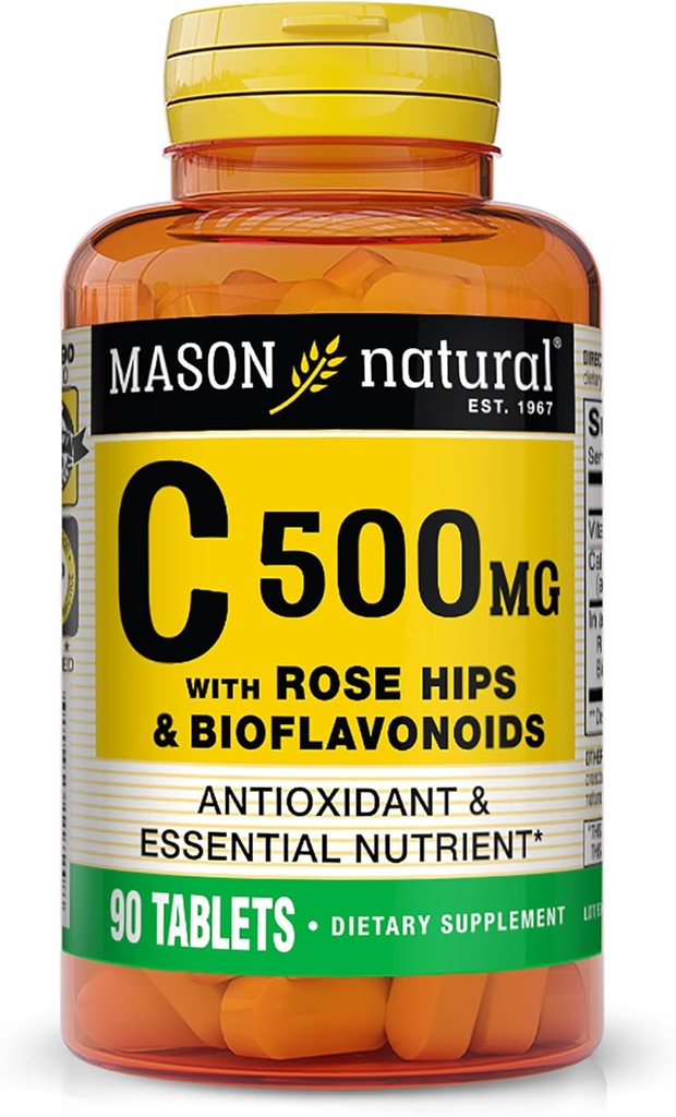 MASON NATURAL Vitamin C 500 mg, Rose HIPS & Bioflavonoids ile, Immune Support & Antioksi Formula, 90 Tabletler