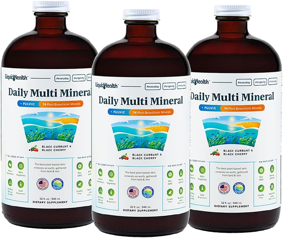 LIQUIDHEALTH Daily Multi Mineral Liquid Supplement with Fulvic Acid, Plant Based Ionic Aquamin Sea Trace Ocean Minerals - Immune Support, Energy, Gut Health, Detox - Made in USA, Vegetarian (3 Pack)