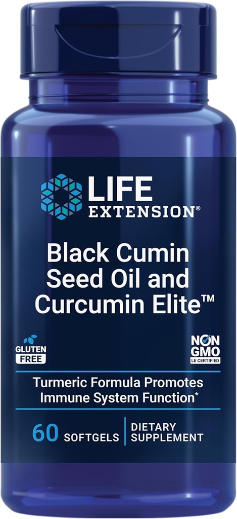 Life Extension Black Cumin Tohum Oil and Curcumin Elite, Black Cumin, Turmeric Extract, Immune Health Support, high bioavailability, Whole-Body Health, Gluten Free, Non-GMO, 60 softgels