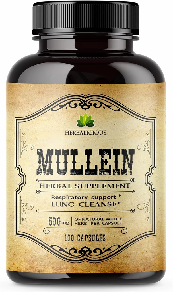 HERBALICIOUS Mullein Leaf Extract for Lungs – Lung Detox for Smokers & Respeatur Support – Βότανο συμπλήρωμα για τον πνεύμονα καθαρισμού, Detox, και Digestive Wellness – Vegan, Non-GMO, 100 κάψουλες