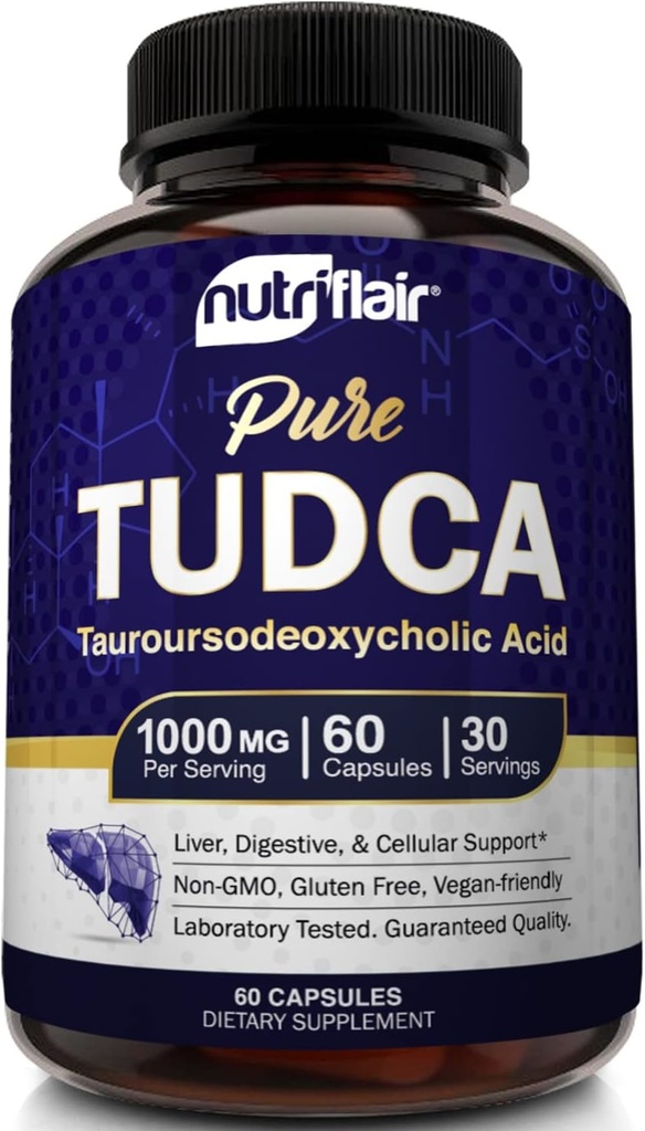 NutriFlair Pure TUDCA 1000mg - Premium Tauroursodeoxycholic Acid Bile Salts, Detox & Cleanse, Non-GMO, Gluten-Free. Liver, Kidney & Gallbladder Support- Made in USA, 60 Capsules