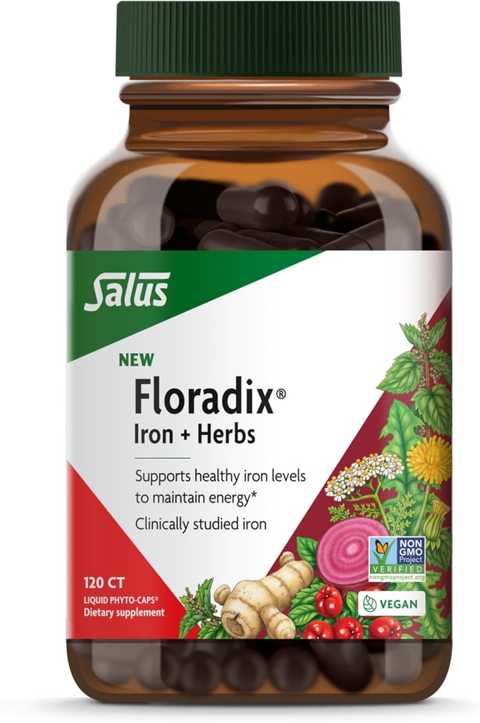 Floradix Iron + Βότανα - Συμπλήρωμα σιδήρου για υγιή ενεργειακή υποστήριξη* - Υποστηρίζει τον σχηματισμό ερυθρών κυττάρων αίματος - Vegan, μη ΓΤΟ, χωρίς γλουτένη, χωρίς σόγια - 120 υγρά Phyto-Caps