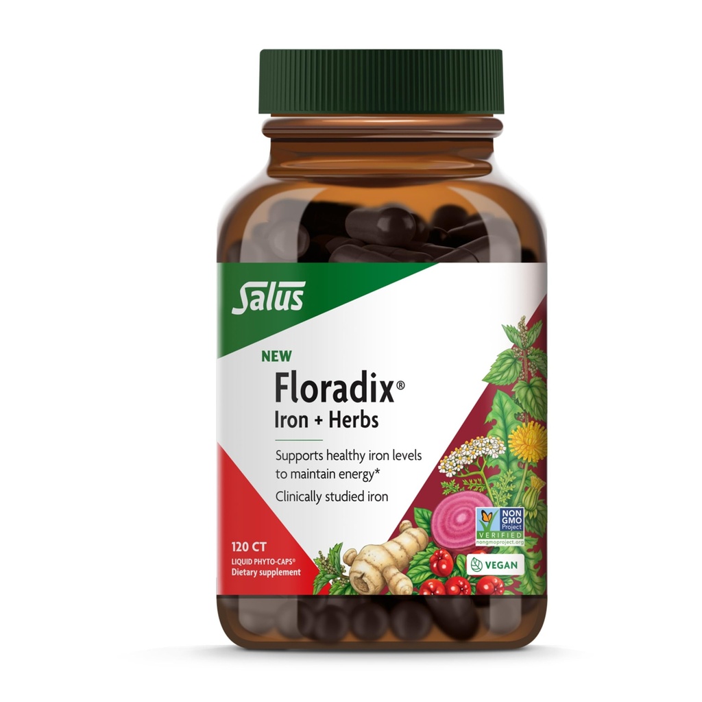 Floradix Iron + Herbs - Sağlıklı Enerji Desteği için Demir Supplement* - Kırmızı Kan Hücre Formasyonu Destek - Vegan, Non-GMO, Gluten-Free, Soy-Free - 120 Sıvı Phyto-Caps