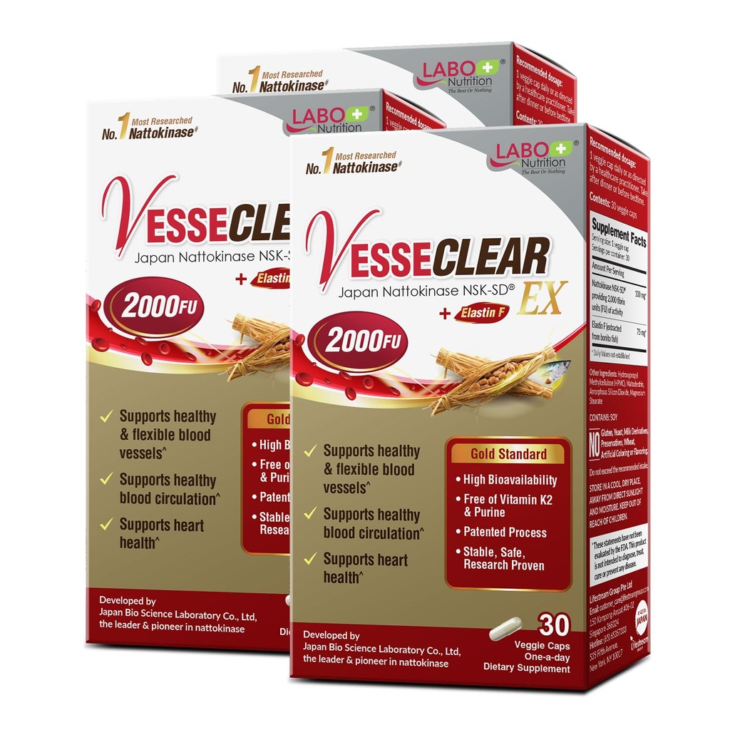 LABO Beslenme VesseCLEAR EX: Nattokinase NSK-SD+Elastin F for Clean & Flex Blood Gemi. Japonya'nın En Klinik Olarak İncelenmiş, Fonksiyonel Dose, Asit-Resistant/Delayed Release Capsules, 90