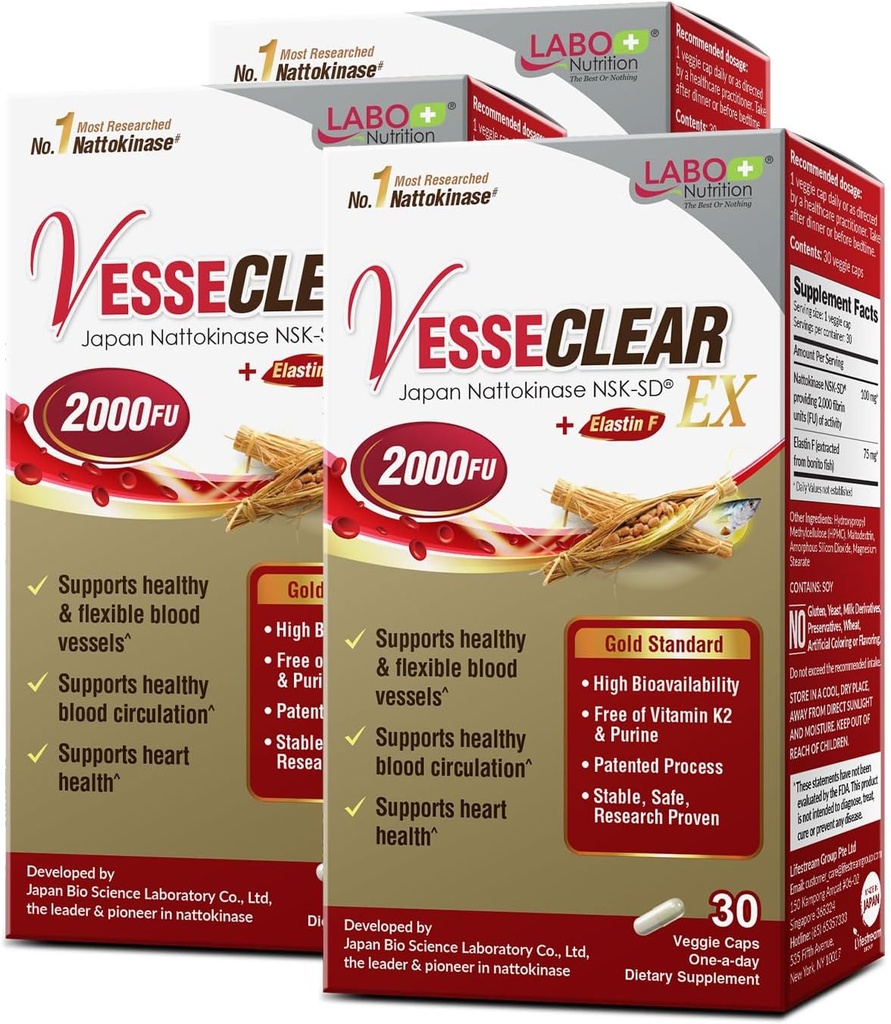 LABO Nutrition VesseCLEAR EX: Nattokinase NSK-SD+Elastin F for Clean & Flexible Blood Vessel. Japan's Most Clinically Studied, Functional Dose, Acid-Resistant/Delayed Release Capsules, 90 Count