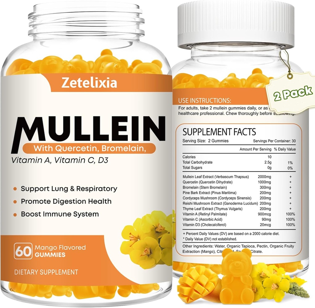 Clear Lungs için Mullein Gummies, 10 In 1 Mullein Leaf Extract for Lungs, Mullein Quercetin Gummies for Lung Cleanse, Respiratory, Immunity, Mango Flavor, 120 Count