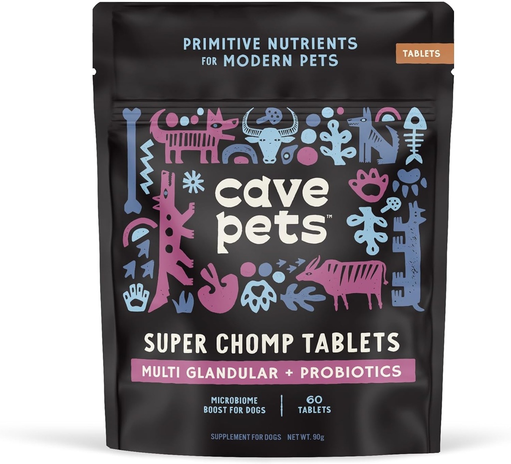 Cave Pets, Super Chomp Tabletleri, Dog Probiyotik Supplement for Digestive Health, Multi-Glandular & Probiyotiks, 60 Tabletler,